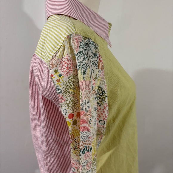 FlatIron Workshop Button-Up Top Sz 3 Long Sleeve Green Pink Trees Stripe Preppy - Picture 4 of 14